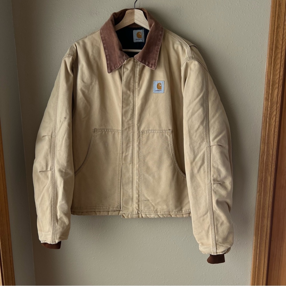Carhartt Sandstone Jacket Arctic Quilt Lined Men’s 40 Brown Canvas Stains Work